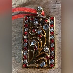 Women’s Pendant Necklace Gold Tone Red Clear Rhinestones Filigree Red Rope 32”